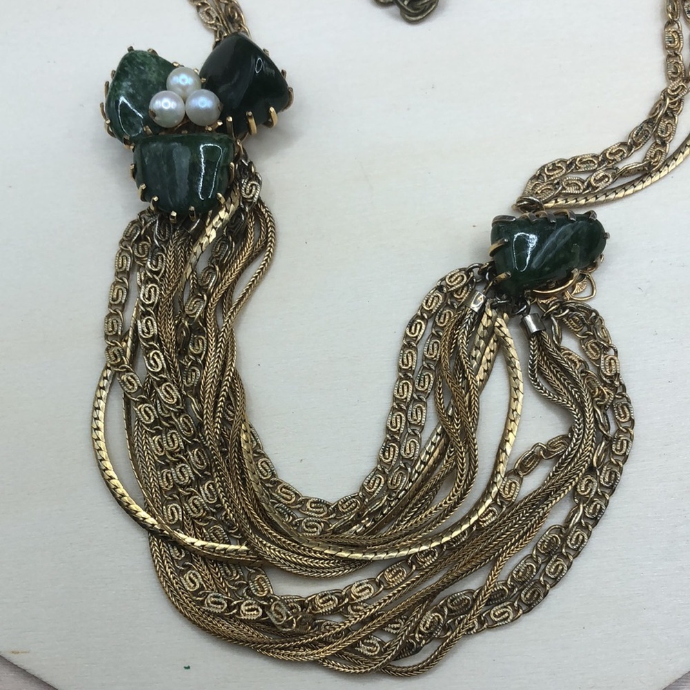 Vintage statement style milti chain draped necklace with pearls and stones. - Picture 3 of 8